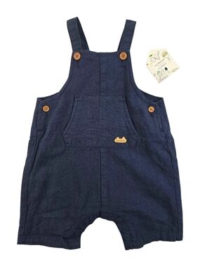 Souris Mini, Linen + Cotton, Navy Blue Short Overalls, 12-18M